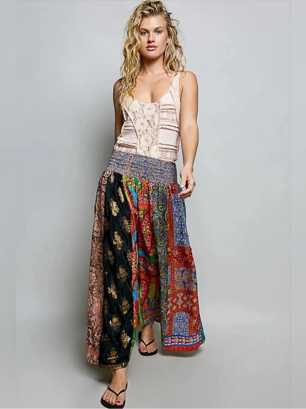 POL Bohemian Multi-Color Patchwork Flowy Pull On Palazzo Pants